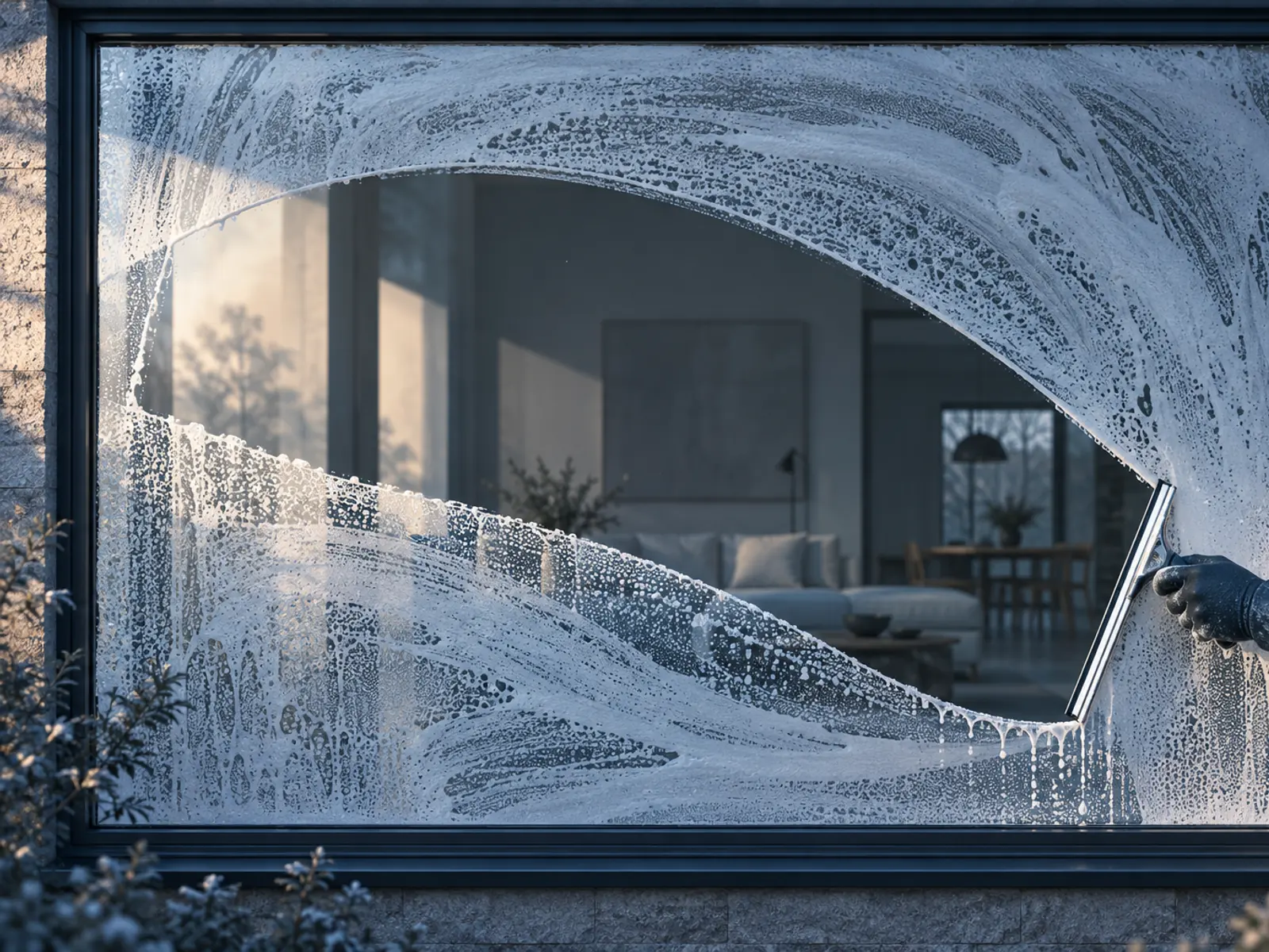 A gloved hand pulls a squeegee in one S-shaped sweep through soap suds, leaving a curving path of clear glass.